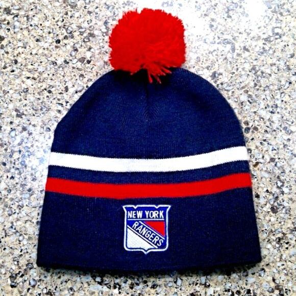 Boy's (8-20) New York Rangers Beanie Winter Hat/Cap Blue w/ Stripes/Red Pom NHL - Picture 1 of 6